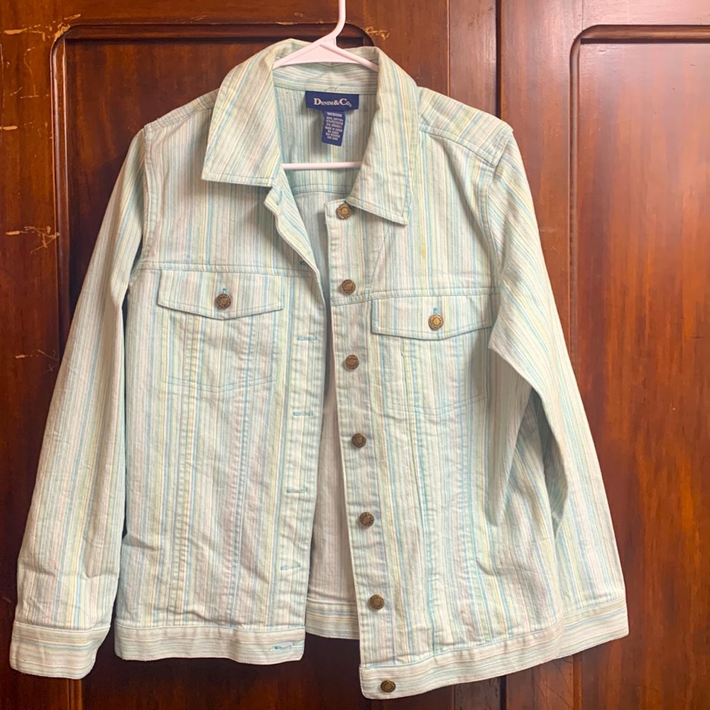 Denim & Co denim jean jacket white teal yellow pink stripe size M